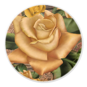 Bouton De Porte En Céramique Roses jaunes et bois rustique de campagne shabby c