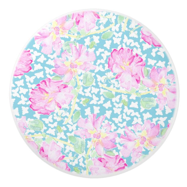 Bouton De Porte En Céramique Roses roses, Papillons blancs sur Bleu Ceramic Kno (Devant)