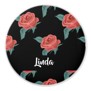 Bouton De Porte En Céramique Roses roses roses sur noir