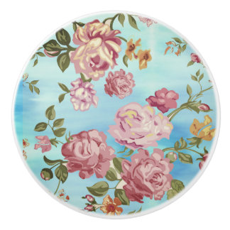 Bouton De Porte En Céramique Roses roses sur Arrière - plan bleu