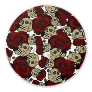 Bouton De Porte En Céramique Roses Rouges & Crânes Floral Noir Gothique Blanc