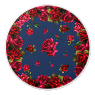 Bouton De Porte En Céramique Roses Rouges Floral Bleu Shabby Chic Glam Campagne