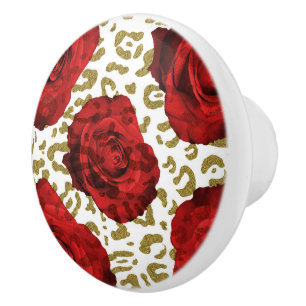 Bouton De Porte En Céramique Roses Rouges Or Blanc Impression Animale Guépard L