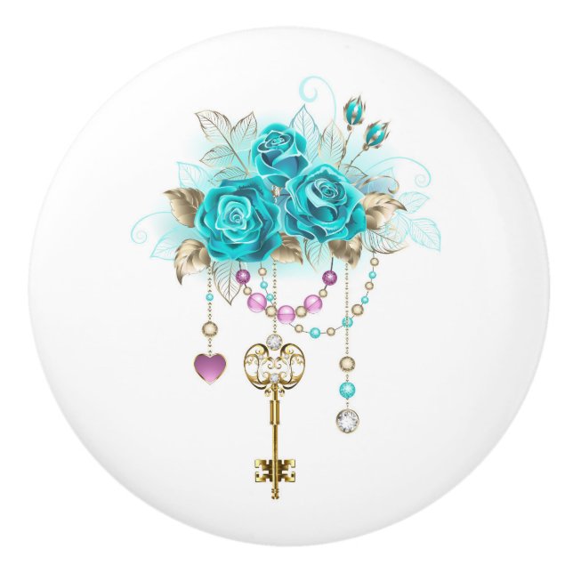 Bouton De Porte En Céramique Roses turquoise avec touches (Devant)