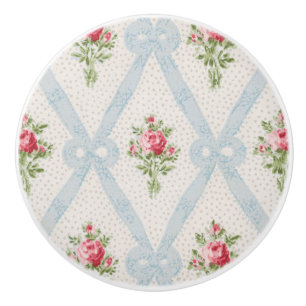 Bouton De Porte En Céramique Roses victoriens roses avec treillis à ruban bleu