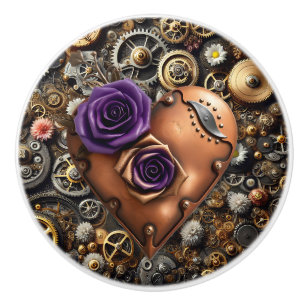 Bouton De Porte En Céramique Rouages Steampunk, Fleurs et Cœur de Cuivre