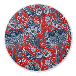 Bouton De Porte En Céramique Rouge Blanc & Bleu Floral Paisley Bohème Boho
