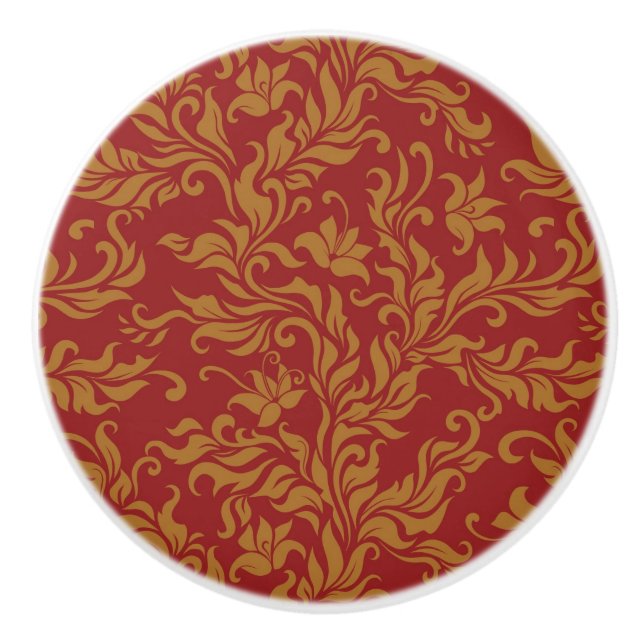 Bouton De Porte En Céramique Rouge et motif floral d'or (Devant)