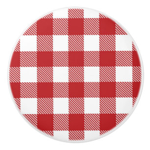 Bouton De Porte En Céramique Rouge Gingham Vichy Buffalo Style Campagnard