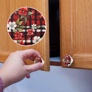 Bouton De Porte En Céramique Rouge Noir Blanc Floral Carreaux Fermette