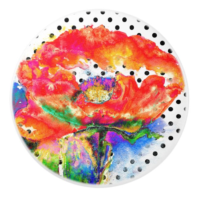Bouton De Porte En Céramique Rouge Populaire floral aquarelle polka accent poin (Devant)
