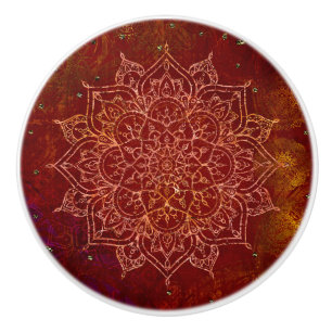 Bouton De Porte En Céramique Rouge Rouille Mandala Or Glam Moderne Chic