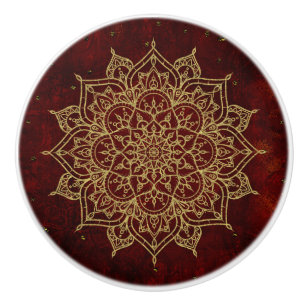 Bouton De Porte En Céramique Rouge Vin Profond Mandala & Or Glam Moderne Chic