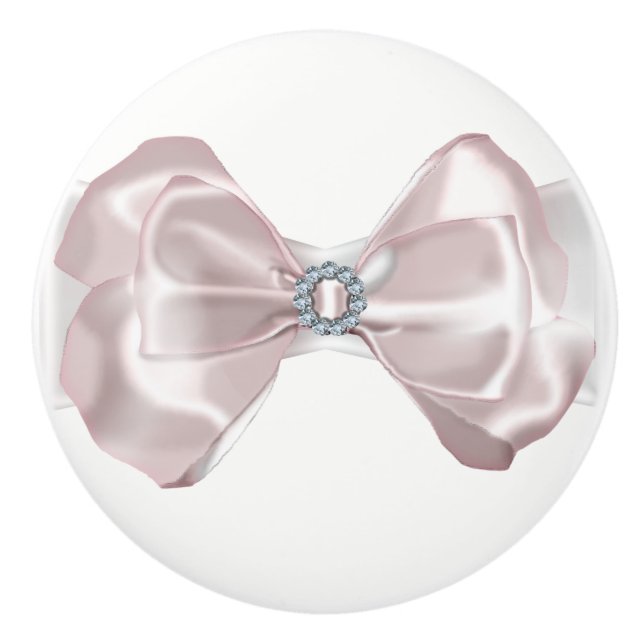 Bouton De Porte En Céramique Ruban en Satin Rose Blush & Diamants Élégant (Devant)