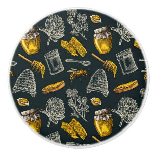 Bouton De Porte En Céramique Ruche d'abeille miel foncé jaune vintage naturel