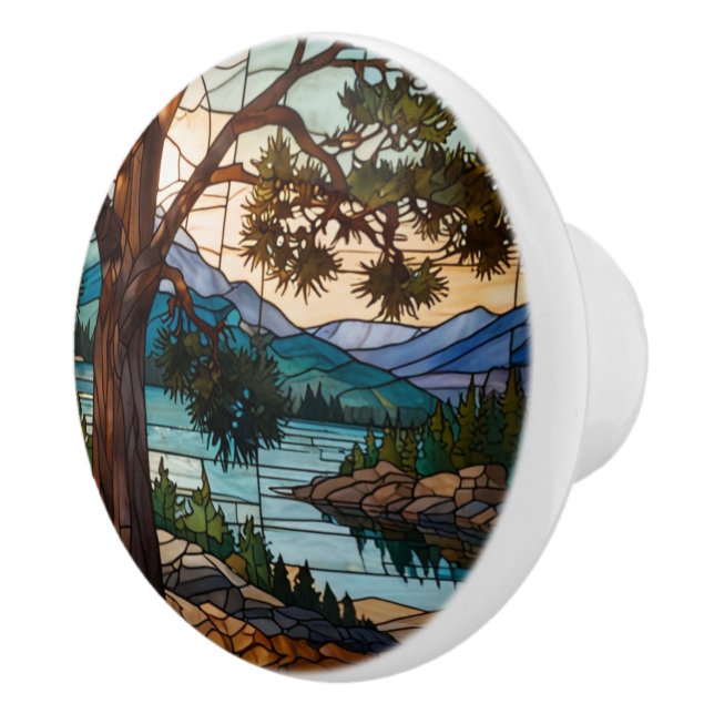 Bouton De Porte En Céramique Rustic mountain range landscape stain glass  (Droite)