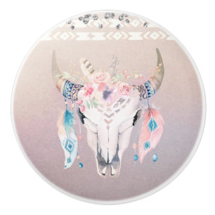 Bouton De Porte En Céramique Rustique Glam Bohème Fleur Crâne de Vache Iridesce