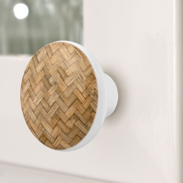 Bouton De Porte En Céramique Rustique Plage Tropical Île Rattan Érovier Tissé (Rustic Beach Tropical Island Rattan Woven Wicker Ceramic Knob)