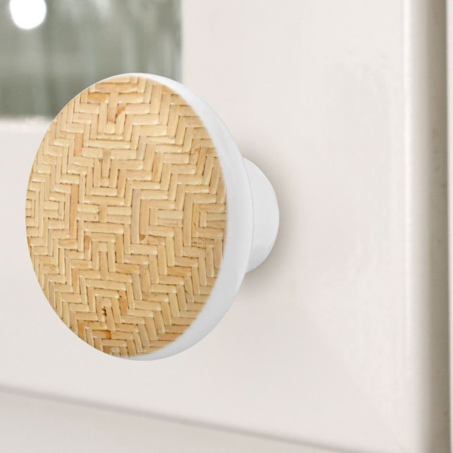 Bouton De Porte En Céramique Rustique Plage Tropical Île Rattan Érovier Tissé (Rustic Beach Tropical Island Rattan Woven Wicker Ceramic Knob)
