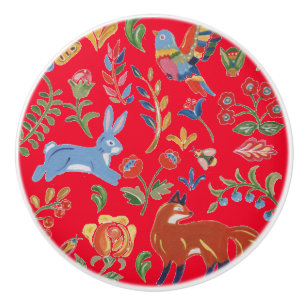 Bouton De Porte En Céramique Rustique Rouge Folk Art Animaux Fleurs Jolies Colo
