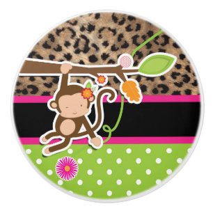 Bouton De Porte En Céramique Safari Chic Singe Leopard Cheetah rose et vert