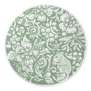 Bouton De Porte En Céramique Sage Green White Garden Animaux Floral    PatternC