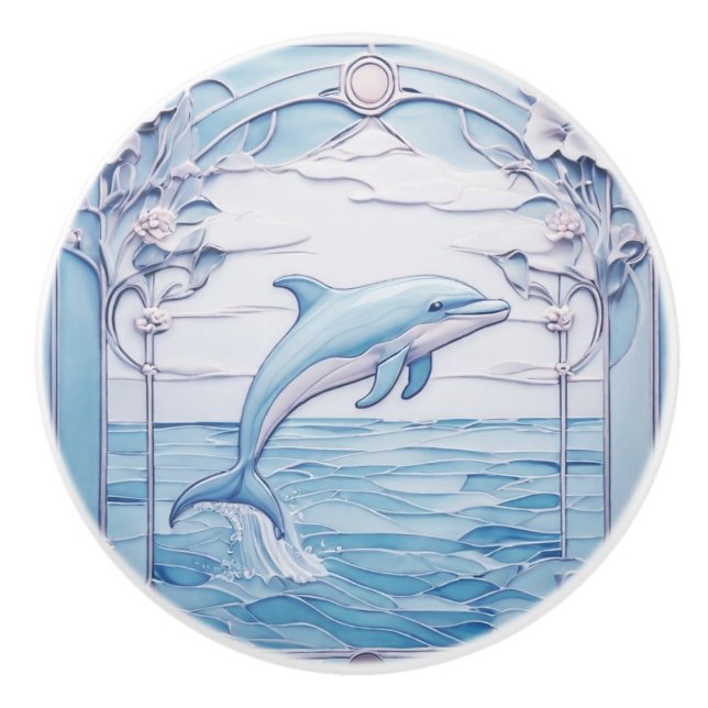 Bouton De Porte En Céramique Sauts Dolphin Art Nouveau Faux Relief Bleu clair (Devant)