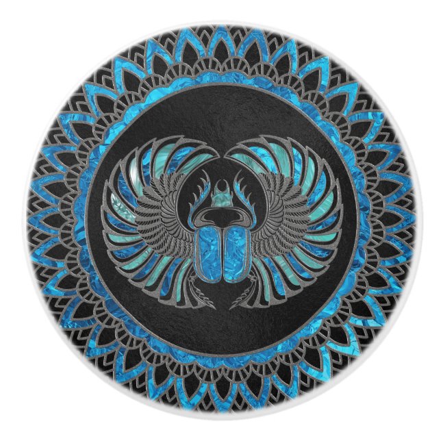 Bouton De Porte En Céramique Scarabée égyptien de scarabée - or et verre bleu (Devant)