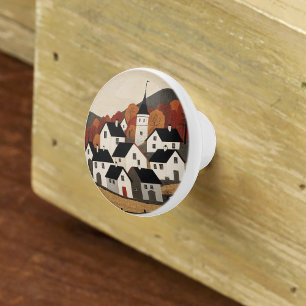 Bouton De Porte En Céramique Scène de village d'art folklorique vintage