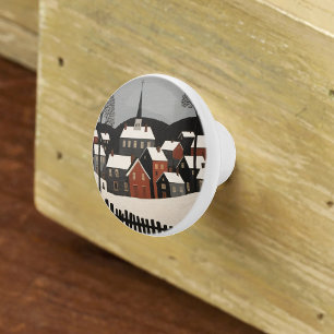 Bouton De Porte En Céramique Scène du village d'hiver d'art populaire vintage