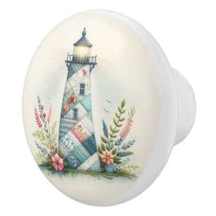 Bouton De Porte En Céramique Scène florale côtière du phare patchwork