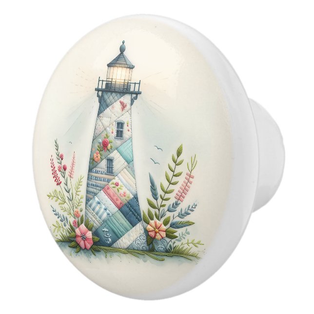 Bouton De Porte En Céramique Scène florale côtière du phare patchwork (Droite)