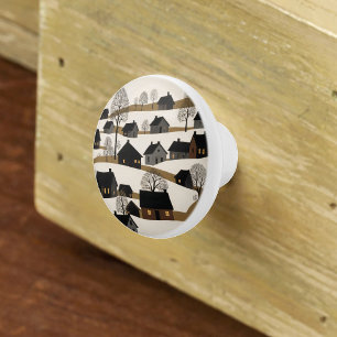 Bouton De Porte En Céramique Scène hivernale rustique d'art folklorique vintage