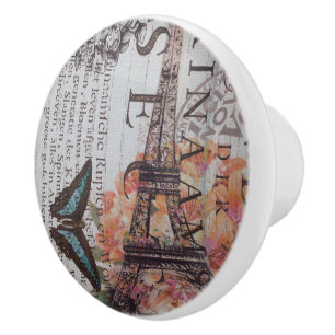 Bouton De Porte En Céramique Scripts de journaux vintages Tour de l'eiffel à P