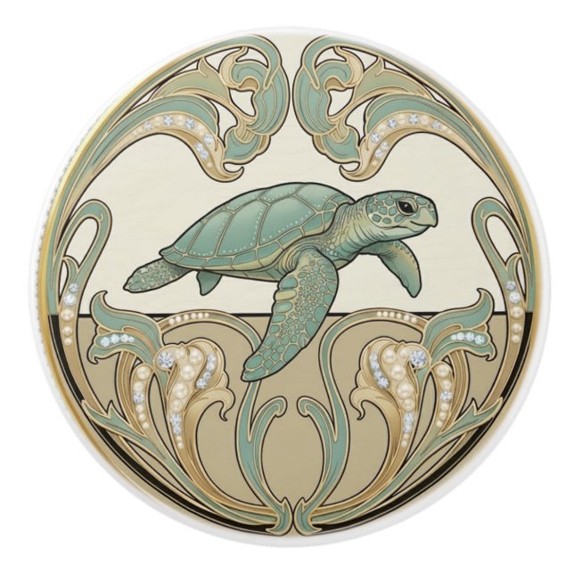 Bouton De Porte En Céramique Sea Turtle Green Cream & Gold Art Deco Nouveau (Devant)