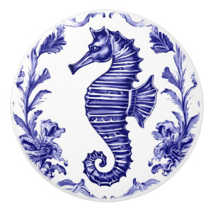 Bouton De Porte En Céramique Seahorse Navy Blue and White Sea Ocean Beach House