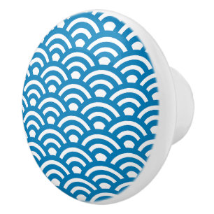 Bouton De Porte En Céramique Seigaiha, Vagues, Japonais, Bleu et Blanc
