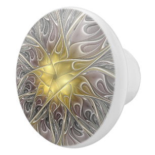 Bouton De Porte En Céramique S'épanouir avec une fleur fractale abstraite moder