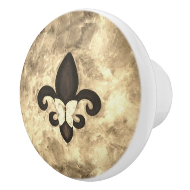 Bouton De Porte En Céramique Sepia Butterfleur | Tan Butterfly on Fleur de Lis (Droite)