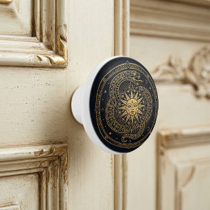 Bouton De Porte En Céramique Serpent d'Or Ésotérique Mandala Solaire Céleste
