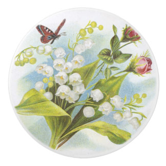 Bouton De Porte En Céramique Shabby Chic Butterfly, Roses & Lily of the Valley