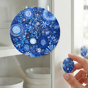 Bouton De Porte En Céramique Shibori botanique bleu