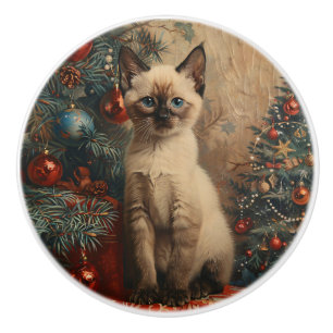 Bouton De Porte En Céramique Siamese Kitten Noël Chat Vintage