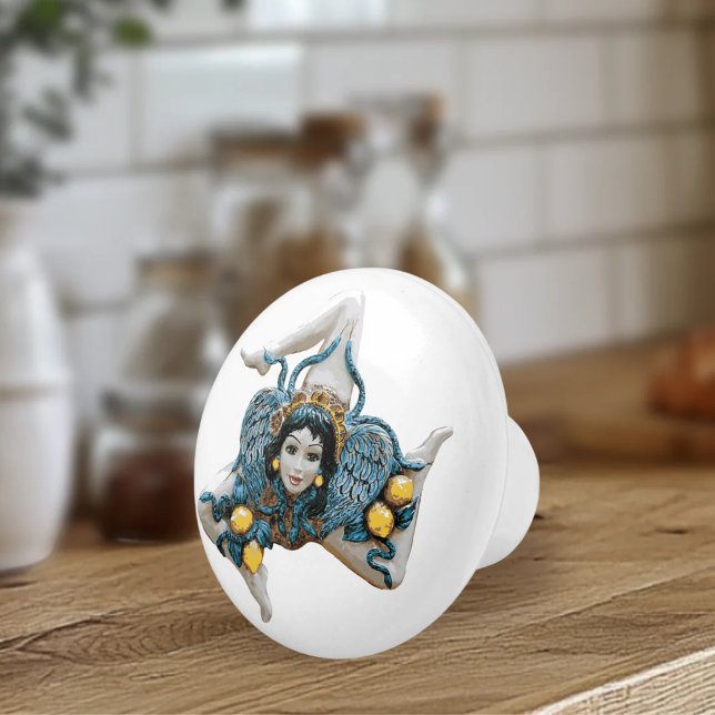 Bouton De Porte En Céramique Sicilian Trinacria Medusa -Symbol of Sicily (Trinacria Medusa Symbol of Sicily Ceramic Knob for Sicilian Kitchen or Furniture accent)