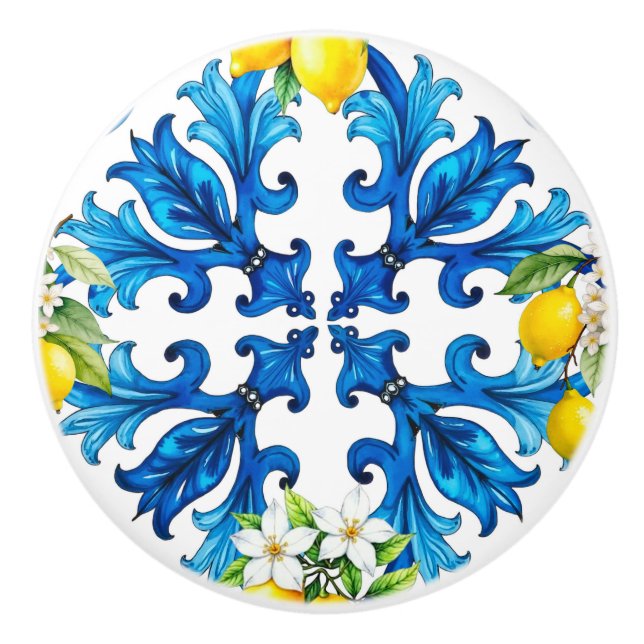 Bouton De Porte En Céramique sicilien, été, citron, mosaïque, bleu (Devant)