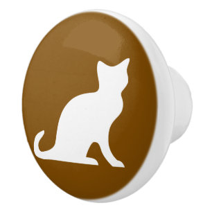 Bouton De Porte En Céramique silhouette de chat Brown et blanc personnalisée