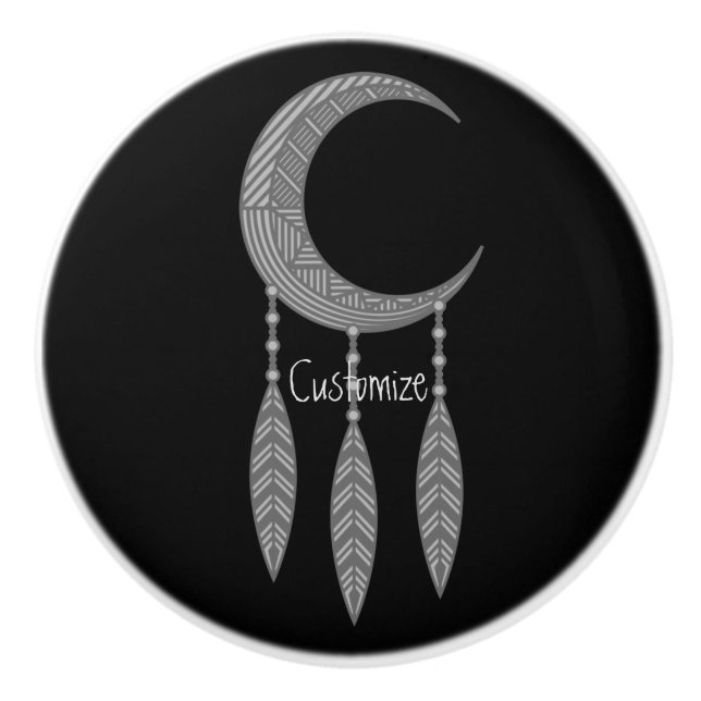 Bouton De Porte En Céramique Silver Crescent Moon Feathers (Devant)