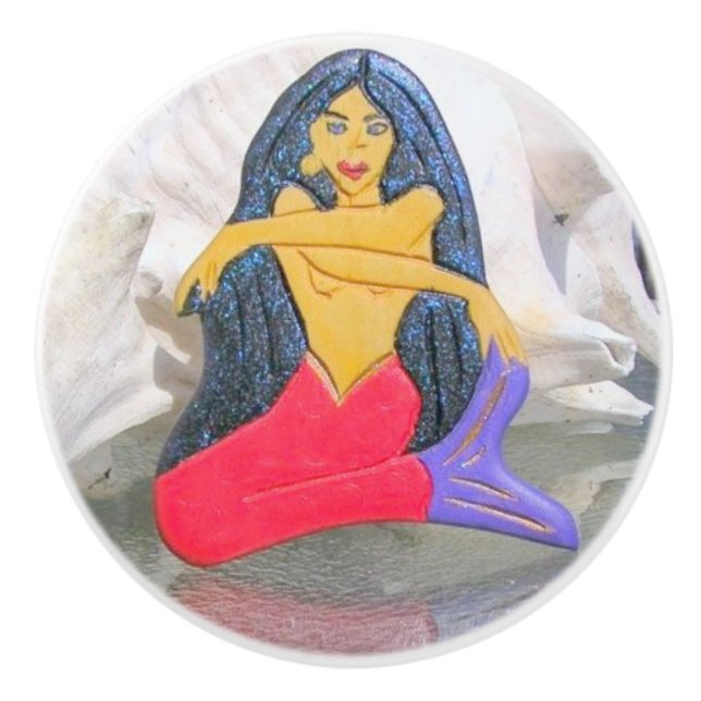 Bouton De Porte En Céramique sirène à cheveux longs (Devant)