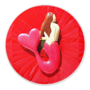 Bouton De Porte En Céramique sirène à queue rouge