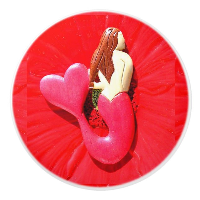 Bouton De Porte En Céramique sirène à queue rouge (Devant)